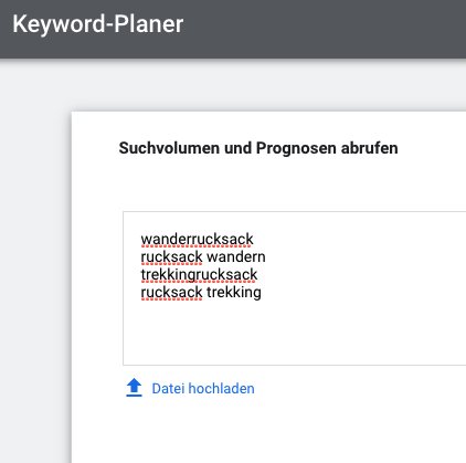 Screenshot aus dem Google Keyword Planner zu Wanderrucksack und Trekkingrucksack
