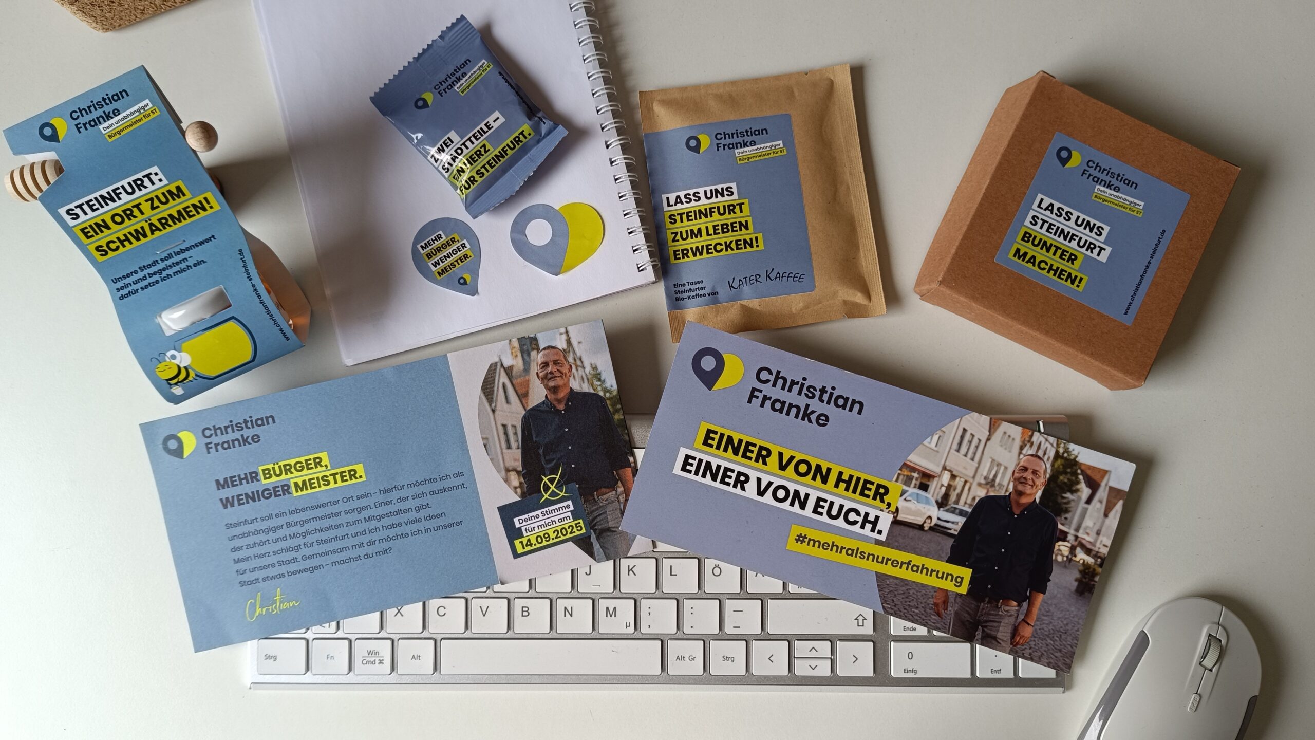 Ein Bild mit verschiedenen Werbemitteln aus dem Wahlkampf von Christian Franke